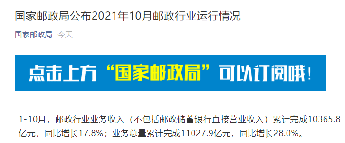 國家郵政局：1-10 月郵政寄遞服務業(yè)務量累計完成 218.8 億件，同比增長 4.3%