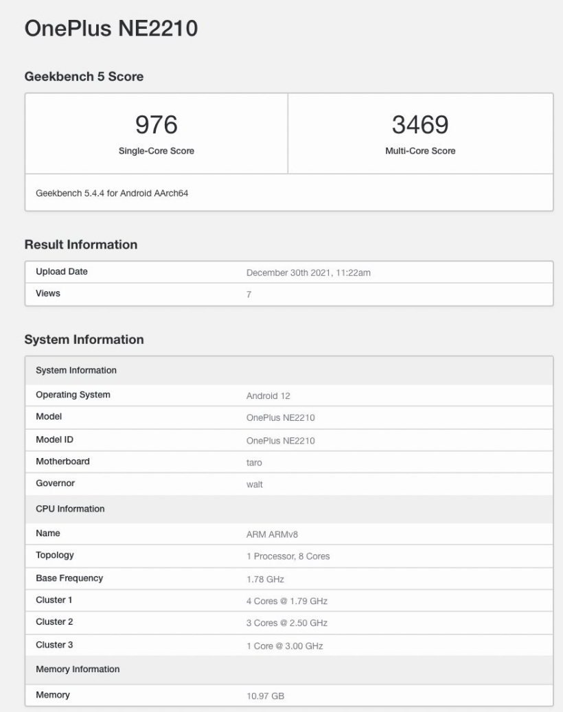 一加 10 Pro 現身 Geekbench：搭載高通驍龍 8，運行安卓 12 系統