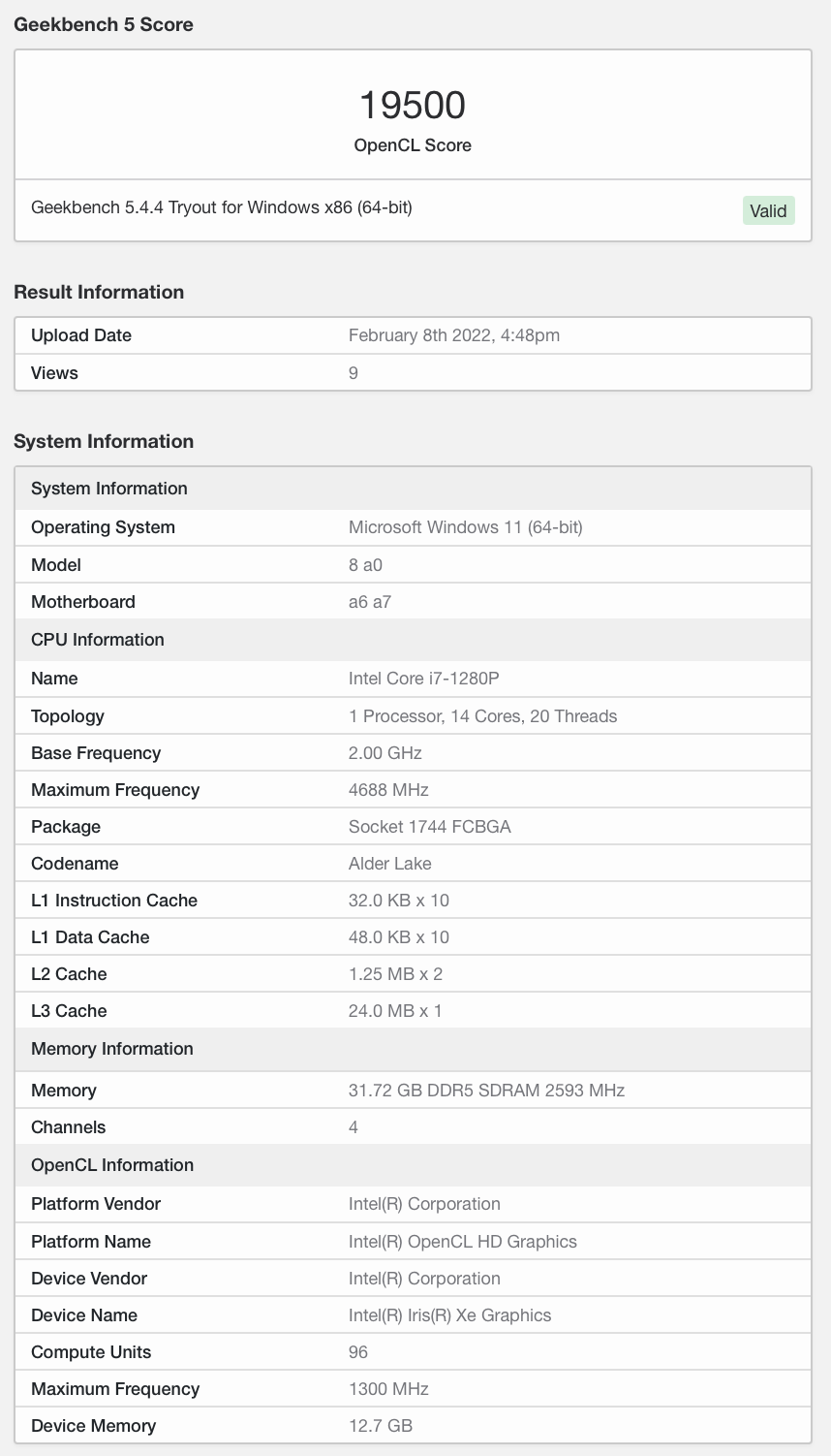 英特爾 i7-1280P 核顯跑分出爐,LPDDR5-5200 內存加持