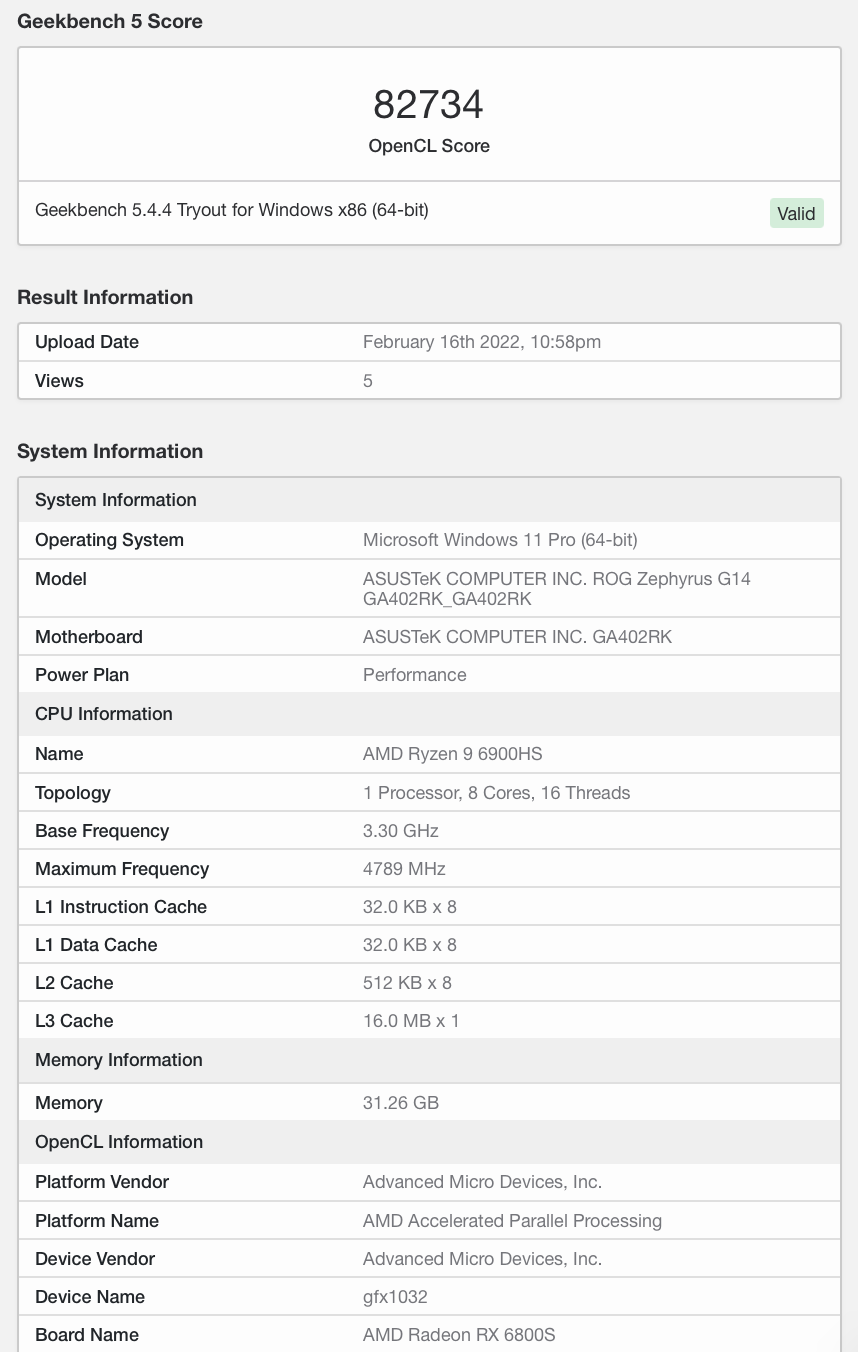 ROG 新款幻 14 Geekbench 跑分出爐：RX 6800S 分數不及 RTX 3060