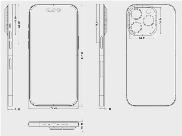 iPhone 14 Pro詳細(xì)尺寸圖曝光:比前代更厚、感嘆號挖孔面積巨大