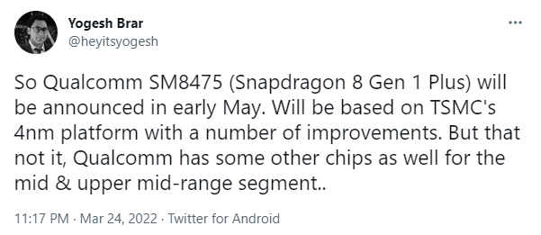 消息稱高通驍龍 8 Gen 1 + 將于 5 月初發布：采用臺積電 4 納米工藝，解決過熱降頻問題