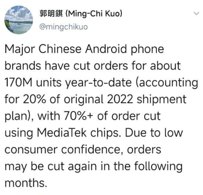 郭明錤:今年中國各大安卓手機(jī)品牌已削減近 20% 訂單,其中 70% 以上都使用聯(lián)發(fā)科芯片